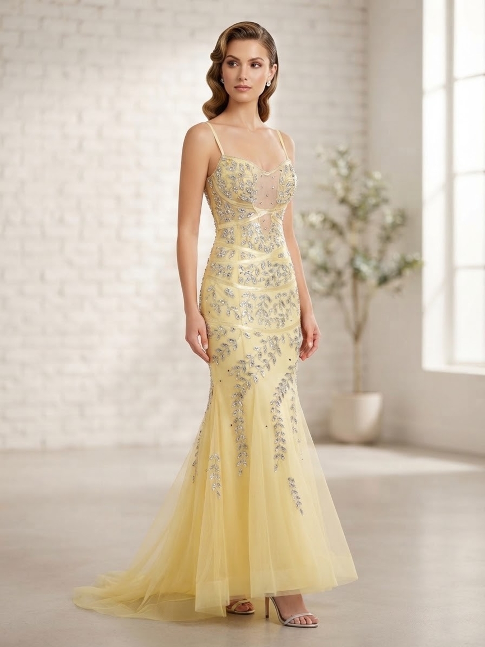 Cache Yellow Embellished Maxi Evening Dress